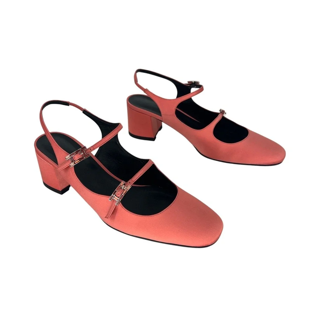 Hermes Jackie 50 Satin Crepe Slingback Pumps Rose Peche Size 41